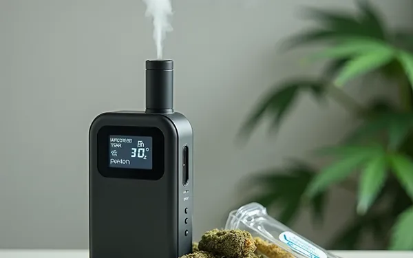 Moderner medizinischer Cannabis-Vaporizer mit digitaler Temperatureinstellung neben standardisierten Cannabisblüten in Apothekenverpackung