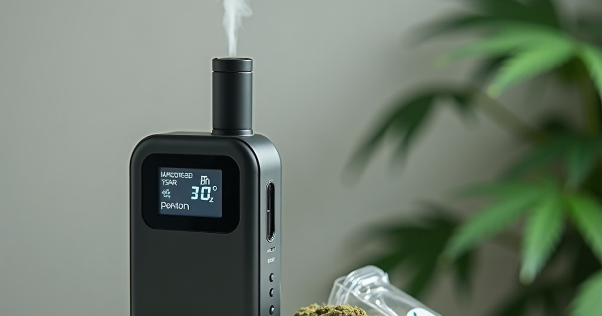Moderner medizinischer Cannabis-Vaporizer mit digitaler Temperatureinstellung neben standardisierten Cannabisblüten in Apothekenverpackung