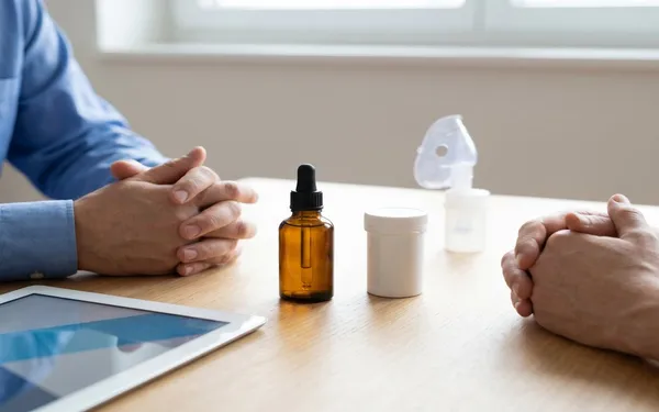 Ärztin in Schweizer Praxis erklärt Patientin verschiedene Einnahmeformen von medizinischem Cannabis mit Vaporizer, Öl, Spray und Salbe auf dem Tisch