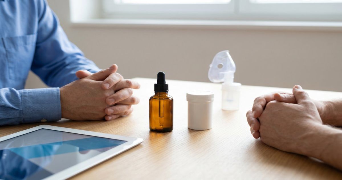Ärztin in Schweizer Praxis erklärt Patientin verschiedene Einnahmeformen von medizinischem Cannabis mit Vaporizer, Öl, Spray und Salbe auf dem Tisch