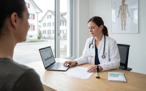 Ärztin in einer Schweizer Praxis bespricht seriös eine mögliche Cannabis-Therapie mit einer Patientin, medizinische Unterlagen und Laptop auf dem Tisch