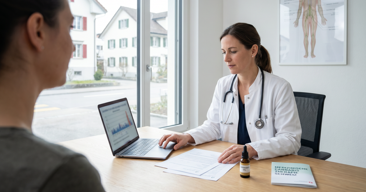 Ärztin in einer Schweizer Praxis bespricht seriös eine mögliche Cannabis-Therapie mit einer Patientin, medizinische Unterlagen und Laptop auf dem Tisch