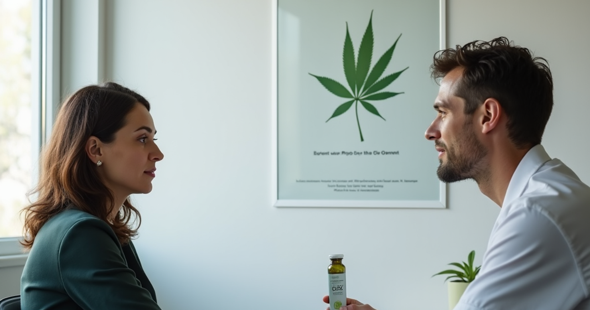 Ärztliche Beratung in einer Schweizer Praxis zu medizinischem Cannabis und begleitender Meditation, neutral und sachlich dargestellt