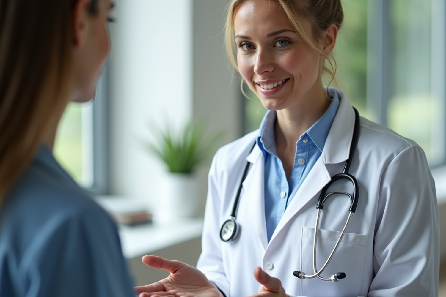 Ärztin in der Schweiz führt eine telemedizinische Konsultation zur Cannabis-Therapie mit einer Patientin durch, neutral und medizinisch dargestellt