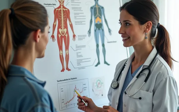 Ärztin in einer Schweizer Praxis erläutert einer Patientin mit einer Grafik die Entwicklung der Cannabis-Toleranz im Endocannabinoid-System
