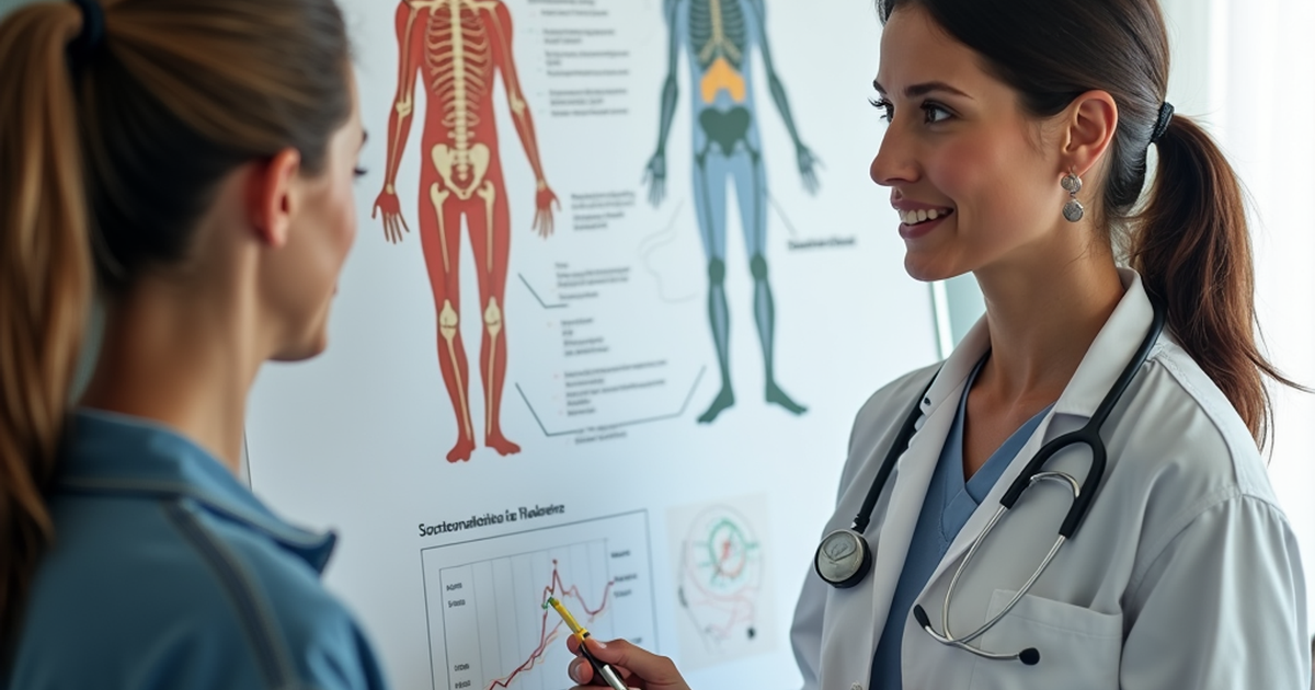 Ärztin in einer Schweizer Praxis erläutert einer Patientin mit einer Grafik die Entwicklung der Cannabis-Toleranz im Endocannabinoid-System