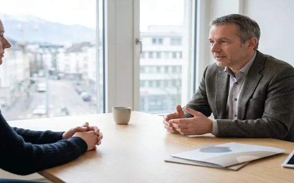 Ärztin in einer Schweizer Praxis bespricht mit einem jungen Erwachsenen die Rolle von medizinischem Cannabis bei sozialer Angst