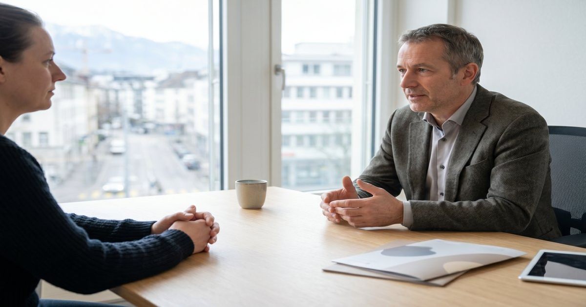 Ärztin in einer Schweizer Praxis bespricht mit einem jungen Erwachsenen die Rolle von medizinischem Cannabis bei sozialer Angst