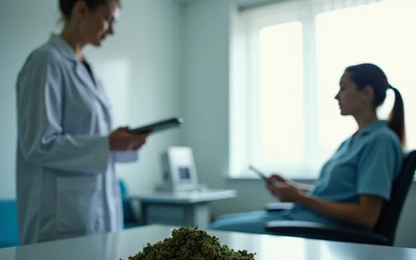 Ärztin in einer Schweizer Praxis erklärt einem Patienten den Unterschied zwischen medizinischem Cannabis und Opioidtabletten auf einem Schreibtisch
