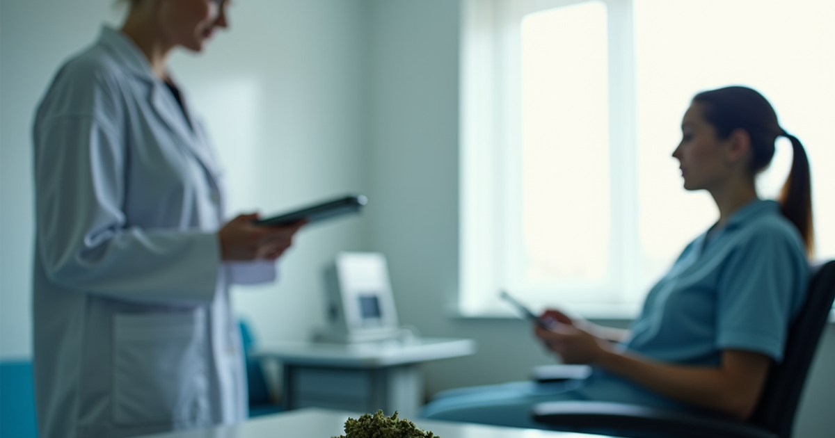 Ärztin in einer Schweizer Praxis erklärt einem Patienten den Unterschied zwischen medizinischem Cannabis und Opioidtabletten auf einem Schreibtisch