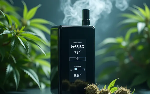 Moderner medizinischer Vaporizer mit Temperaturanzeige und vorbereiteten Cannabisblüten in einer Schweizer Praxisumgebung