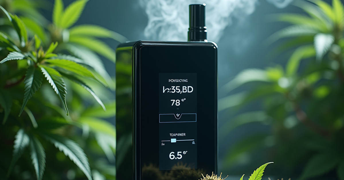 Moderner medizinischer Vaporizer mit Temperaturanzeige und vorbereiteten Cannabisblüten in einer Schweizer Praxisumgebung