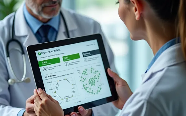 Ärztin und Patient in einer Schweizer Praxis besprechen eine medizinische Cannabis-Therapie anhand digitaler Unterlagen