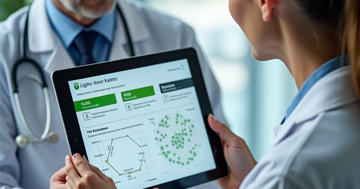 Ärztin und Patient in einer Schweizer Praxis besprechen eine medizinische Cannabis-Therapie anhand digitaler Unterlagen