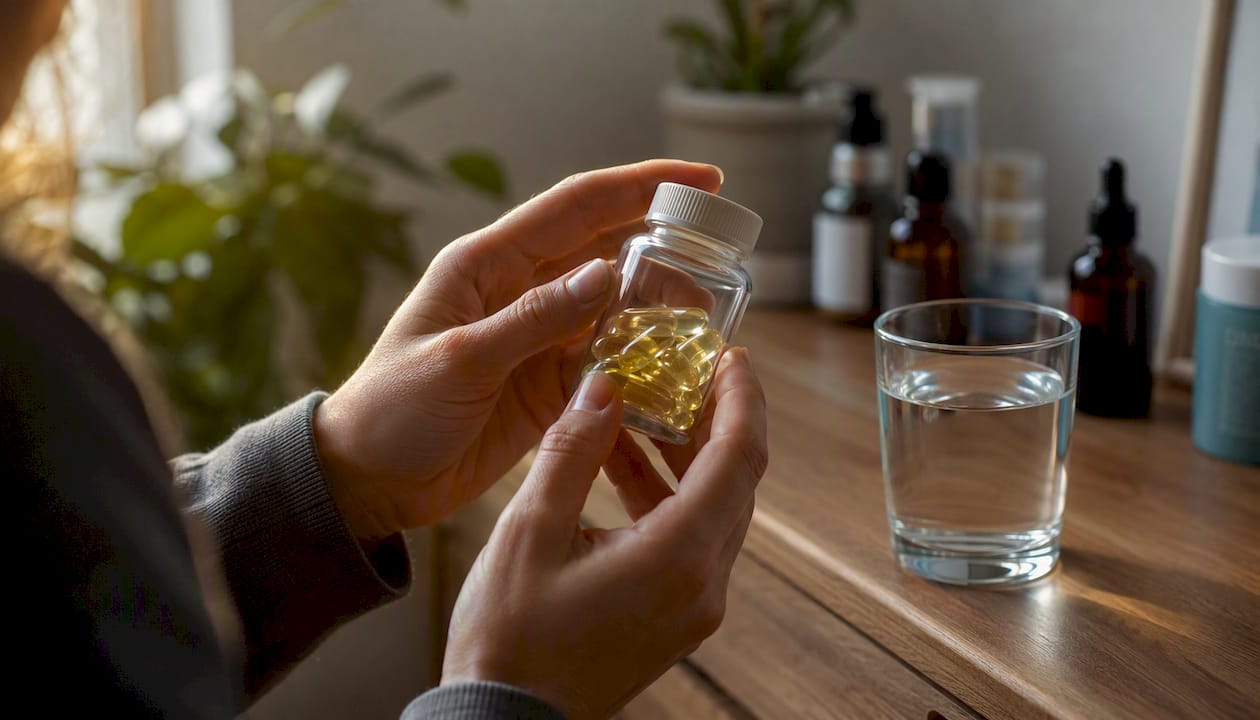 Nahaufnahme einer Flasche mit Hanföl-Kapseln