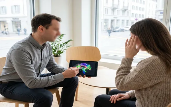Erwachsene Person mit Clusterkopfschmerzen in klinischer Umgebung, mit eingezeichneter Darstellung des Endocannabinoid-Systems