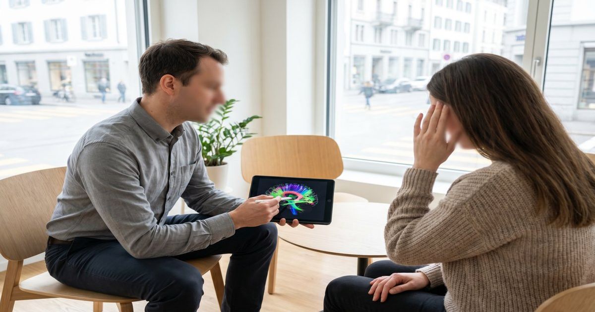 Erwachsene Person mit Clusterkopfschmerzen in klinischer Umgebung, mit eingezeichneter Darstellung des Endocannabinoid-Systems