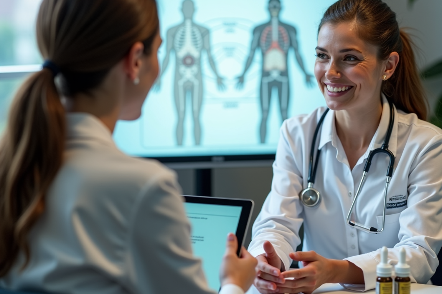 Ärztin in der Schweiz führt eine telemedizinische Beratung zur medizinischen Cannabistherapie mit einer Patientin durch