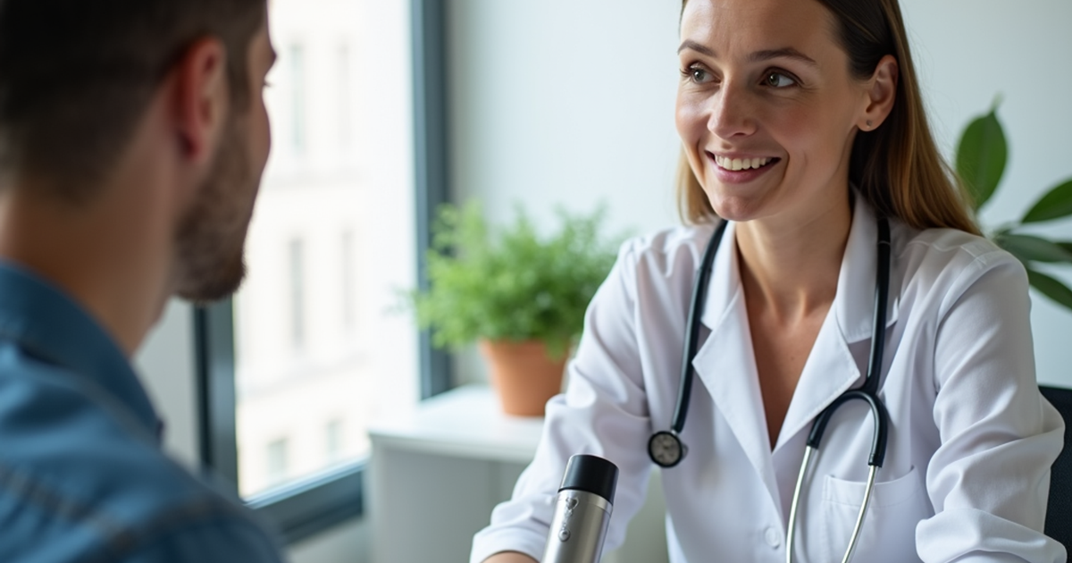 Ärztin in der Schweiz erklärt einem Patienten medizinische Cannabisblüten und Anwendungsformen in einer modernen Praxisumgebung