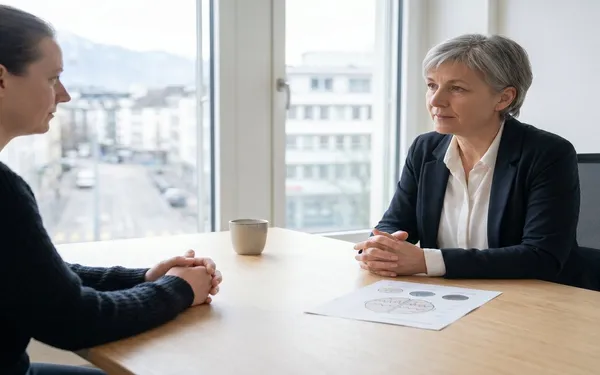 Ärztin in der Schweiz bespricht mit Patientin die gleichzeitige Anwendung von medizinischem Cannabis und Antidepressiva in einer modernen, neutralen Praxisumgebung