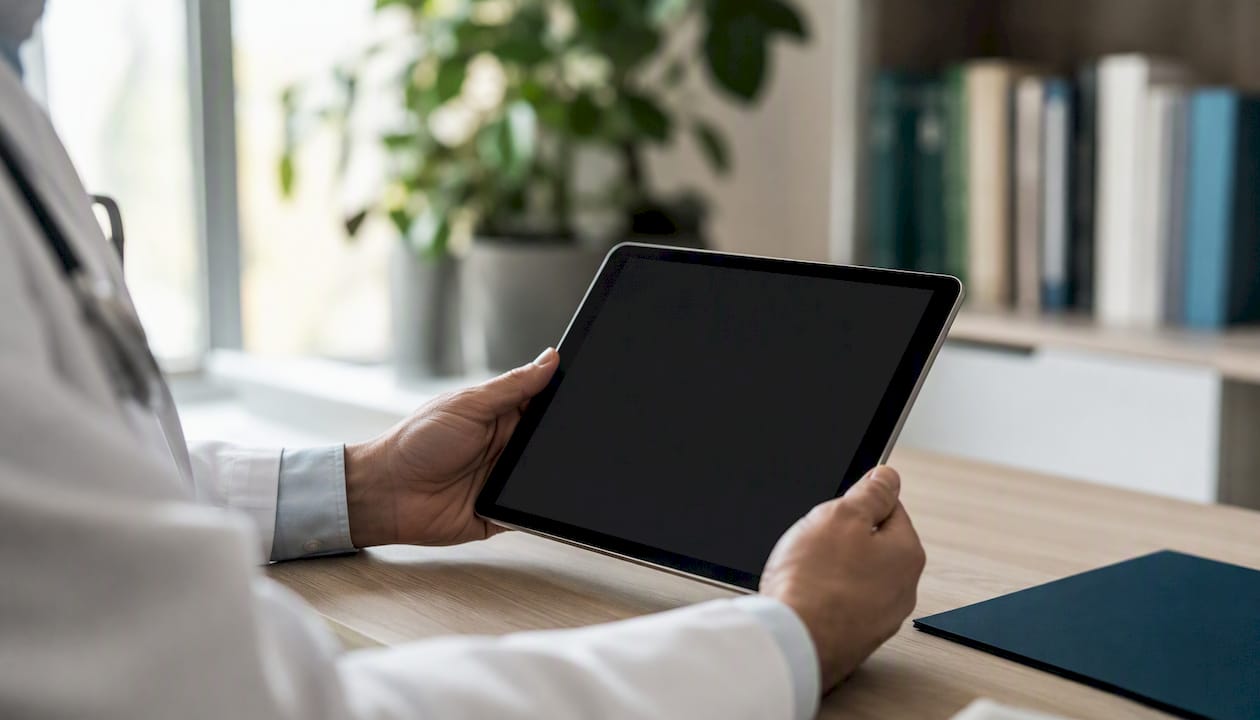Eine medizinische Fachkraft hält ein Tablet mit ausgeschaltetem Display in den Händen.