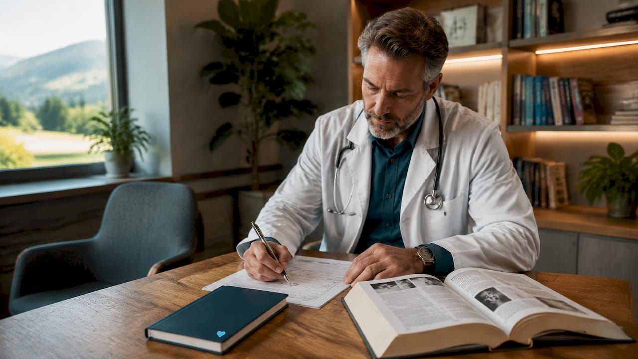 Ein Arzt schaut sich am Holztisch aufmerksam den ausgefüllten Patientenfragebogen an.