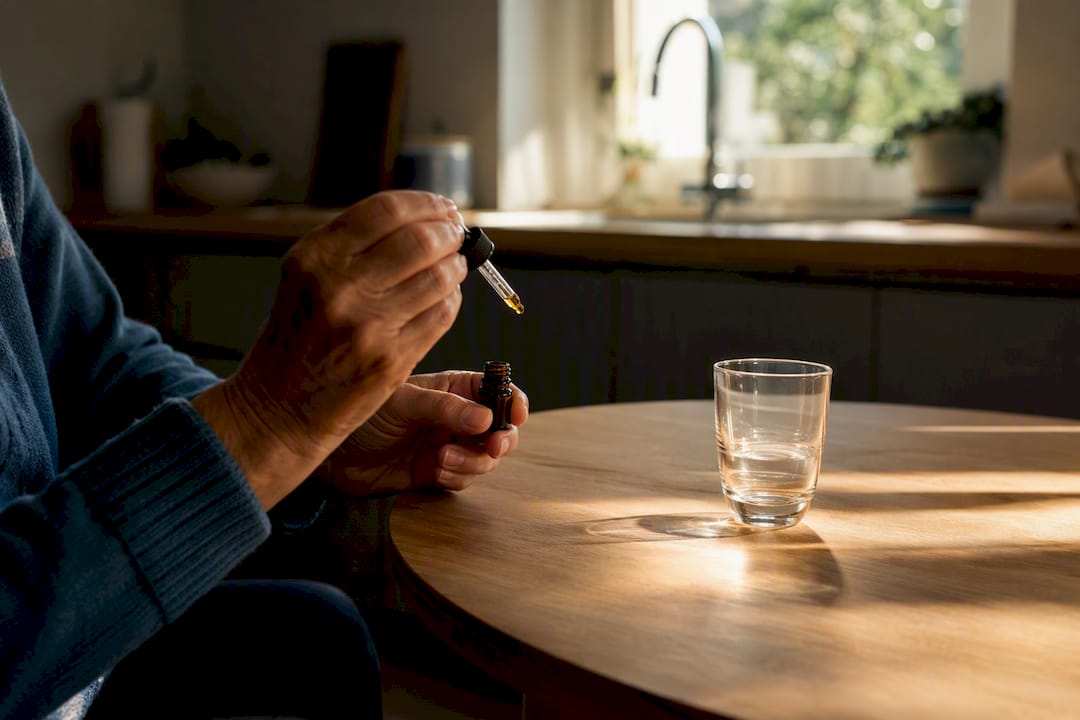 Während der Behandlung hält der Patient eine Pipette mit Cannabisöl in der Hand.