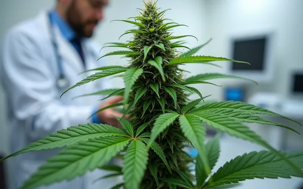 Medizinisches Cannabis Sativa in einer Schweizer Praxis, mit hervorgehobenen THC- und CBD-Wirkstoffen auf einem neutralen Hintergrund dargestellt