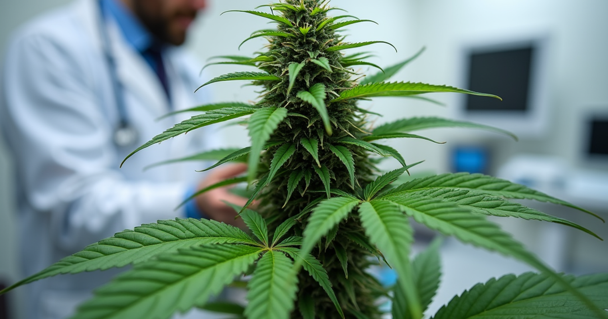 Medizinisches Cannabis Sativa in einer Schweizer Praxis, mit hervorgehobenen THC- und CBD-Wirkstoffen auf einem neutralen Hintergrund dargestellt