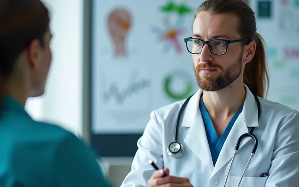 Aerztin erklaert Patient in Schweizer Praxis die kurzfristigen koerperlichen und psychischen Wirkungen einer medizinischen Cannabis-Therapie anhand eines schematischen Modells