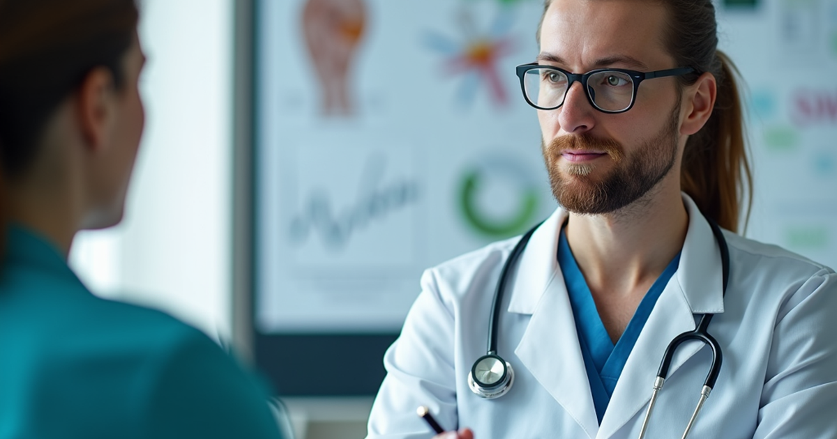 Aerztin erklaert Patient in Schweizer Praxis die kurzfristigen koerperlichen und psychischen Wirkungen einer medizinischen Cannabis-Therapie anhand eines schematischen Modells