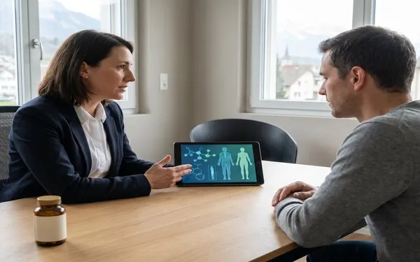 Ärztin in einer Schweizer Praxis erklärt einem Patienten die medizinische Anwendung von Cannabisextrakten mit THC und CBD auf einem Tablet