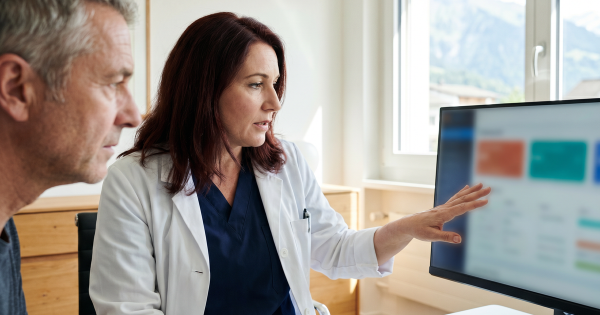 Ärztin in Schweizer Praxis berät einen Patienten zur medizinischen Cannabis-Therapie vor einem Computerbildschirm mit Behandlungsdaten