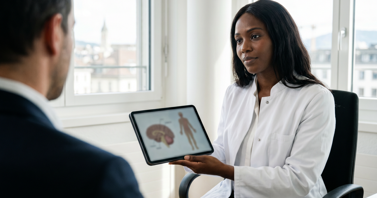 Ärztin in Schweizer Praxis erklärt einer Patientin anhand eines Tablets die Wirkung von THC im Rahmen einer medizinischen Cannabis-Therapie