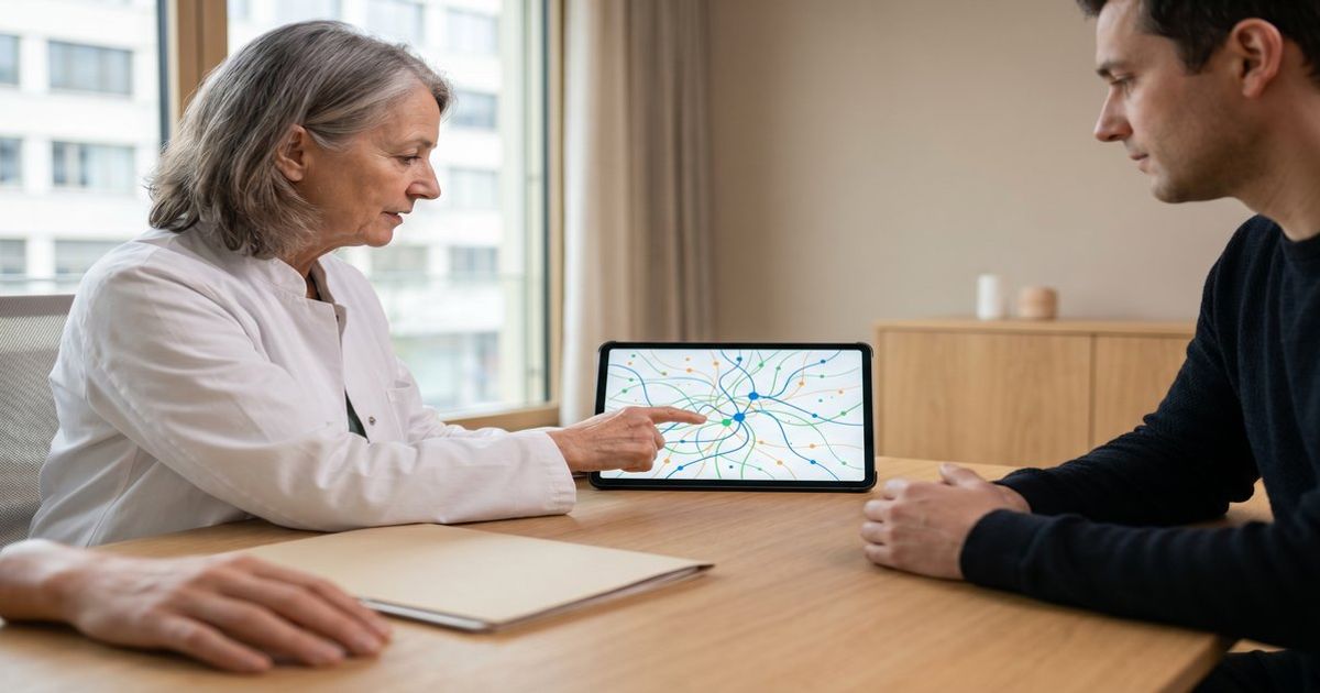 Ärztin in einer Schweizer Praxis erklärt einer Patientin sachlich die Anwendung von medizinischem Cannabis zur Behandlung chronischer Schmerzen