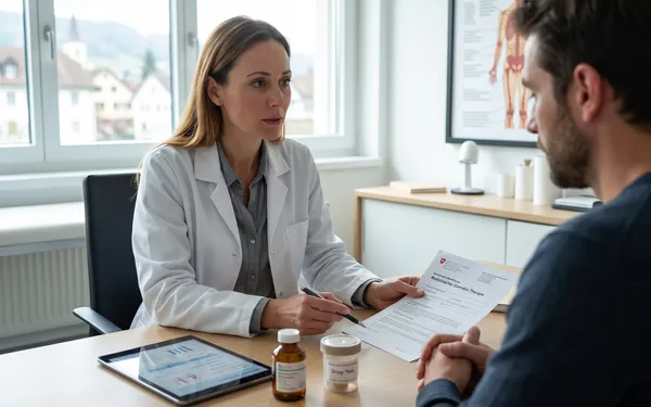 Ärztin in Schweizer Praxis bespricht mit Patient die medizinische Cannabis-Therapie und mögliche Auswirkungen auf Drogentests