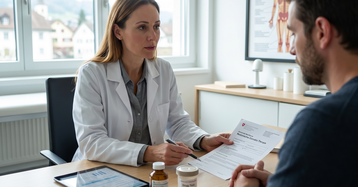Ärztin in Schweizer Praxis bespricht mit Patient die medizinische Cannabis-Therapie und mögliche Auswirkungen auf Drogentests