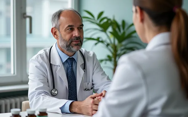 Ärztin in der Schweiz bespricht in einer Praxis die mögliche Cannabis-Therapie mit einem Patienten, auf dem Tisch liegen neutrale Cannabis-Arzneimittel und Unterlagen zur Wirkung von THC und CBD