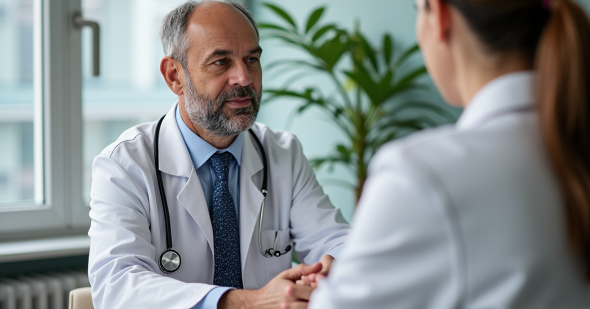 Ärztin in der Schweiz bespricht in einer Praxis die mögliche Cannabis-Therapie mit einem Patienten, auf dem Tisch liegen neutrale Cannabis-Arzneimittel und Unterlagen zur Wirkung von THC und CBD