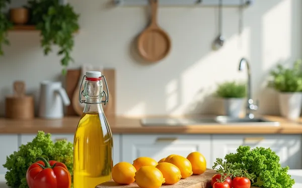 Hanfsamen und Hanföl in einer modernen Schweizer Küche neben frischem Gemüse sachlich arrangiert