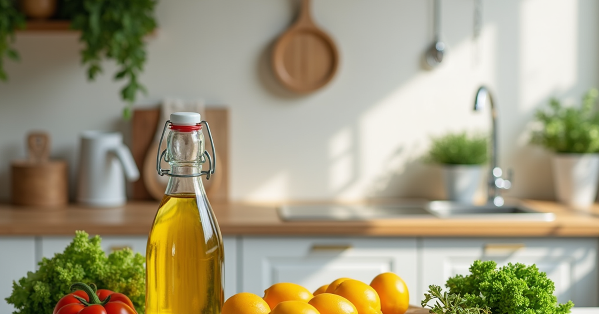 Hanfsamen und Hanföl in einer modernen Schweizer Küche neben frischem Gemüse sachlich arrangiert