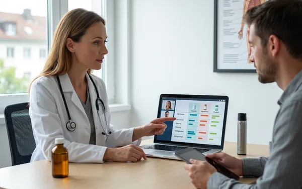 Ärztin in Schweizer Praxis erklärt einem Patienten per Videokonsultation die ärztlich begleitete Cannabis-Therapie und die Nutzung eines neutralen Vergleichsportals für medizinische Cannabisprodukte