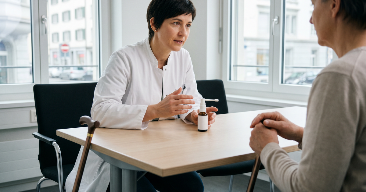 Aerztin erklaert einer Patientin mit Multipler Sklerose in einer Schweizer Praxis die Anwendung von Sativex Spray zur Behandlung von Spastizitaet