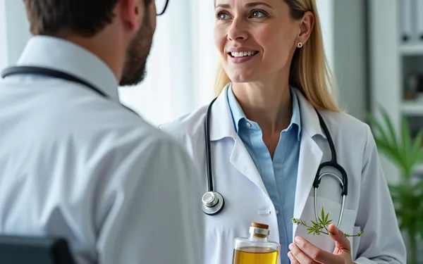 Ärztin in einer Schweizer Praxis erklärt einem Patienten verschiedene medizinische Cannabis-Dosiersysteme mit Blüten, Öl und Vaporizer auf dem Tisch
