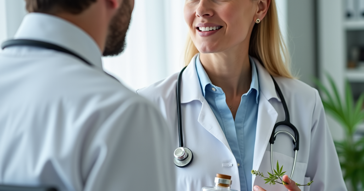 Ärztin in einer Schweizer Praxis erklärt einem Patienten verschiedene medizinische Cannabis-Dosiersysteme mit Blüten, Öl und Vaporizer auf dem Tisch