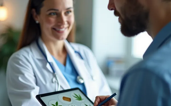 Ärztin in der Schweiz erklärt einem Patienten verschiedene medizinische Cannabis-Konsumformen mit Grafiken auf einem Tablet