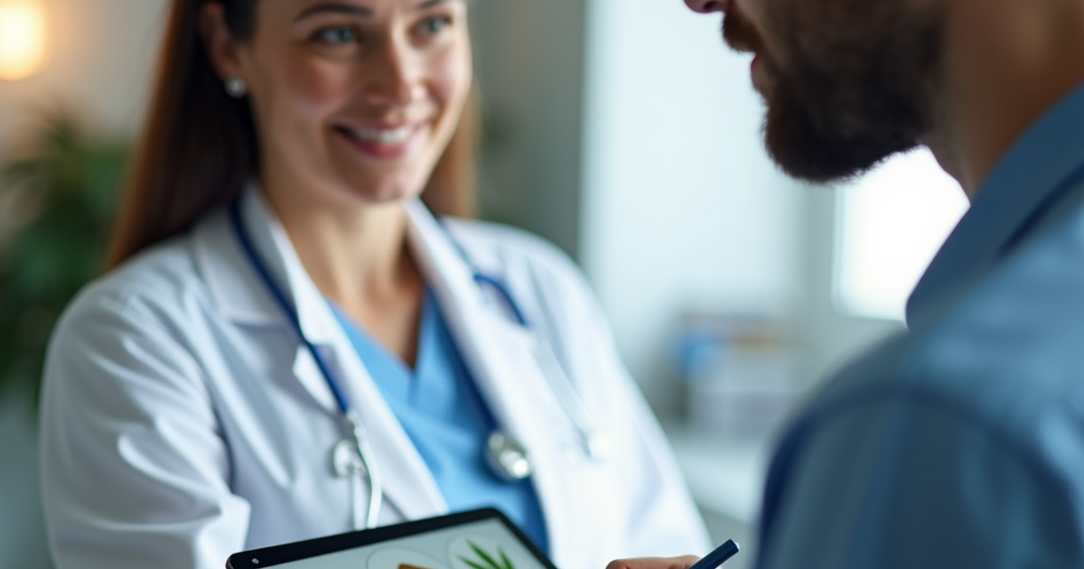 Ärztin in der Schweiz erklärt einem Patienten verschiedene medizinische Cannabis-Konsumformen mit Grafiken auf einem Tablet