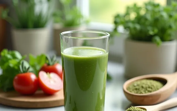 Hanfproteinpulver mit Smoothie und Hanfsamen in einer hellen Schweizer Küche als pflanzliche Eiweissquelle dargestellt