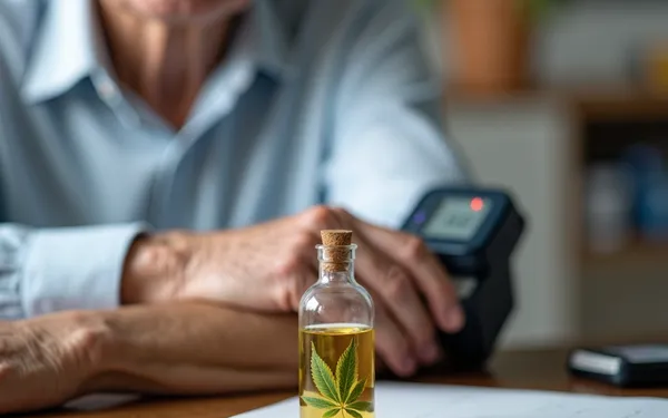 Ältere Person misst zu Hause den Blutdruck, daneben steht ein neutrales Fläschchen mit medizinischem Cannabisöl auf dem Tisch