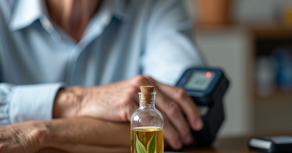 Ältere Person misst zu Hause den Blutdruck, daneben steht ein neutrales Fläschchen mit medizinischem Cannabisöl auf dem Tisch